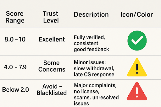 Infographic showing a rating scale for online casino reputations