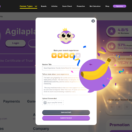 Player writing a casino review with Banana Points icon showing rewards.