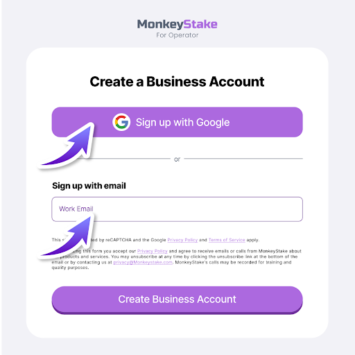 Operator filling registration form to join MonkeyStake platform.