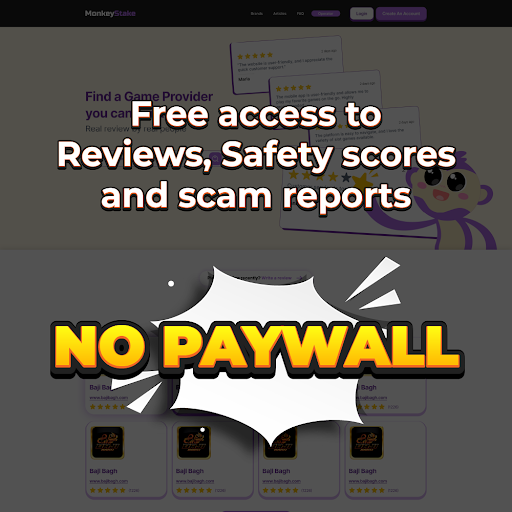 MonkeyStake homepage highlighting free access to reviews, safety scores, and scam reports—no paywall.