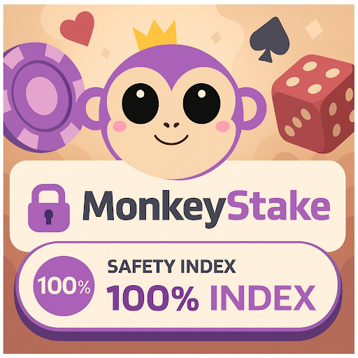 MonkeyStake logo with casino icons and 100% Safety Index badge.