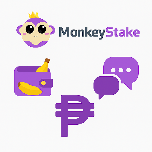 MonkeyStake logo with wallet, peso symbol, and chat bubbles icons.