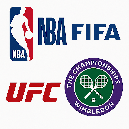 Logos of popular sports like NBA, FIFA, UFC, and Wimbledon.